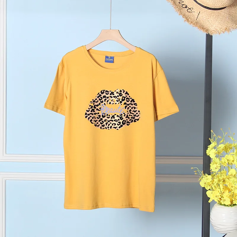 Yellow Летняя леопардовая футболка с рисунком губ, Женская хлопковая свободная футболка с круглым вырезом и коротким рукавом, черно-белая футболка Harajuku, женские топы - Цвет: Yellow