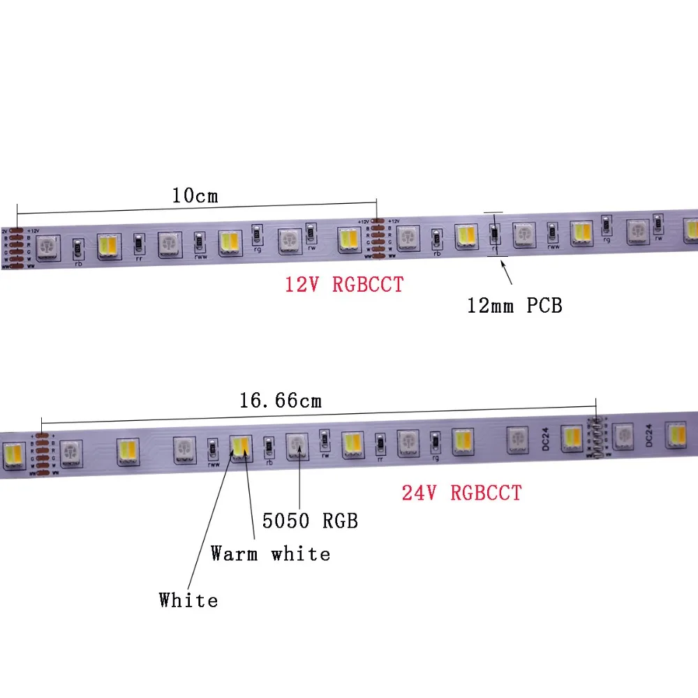 Светодиодный RGB+ CCT светодиодные ленты 12 мм Ширина FPC 5050 полосы IP20 IP65 IP67 5 м 300 светодиодный 12V 24V RGBCCT Водонепроницаемый светодиодный свет гибкие полосы