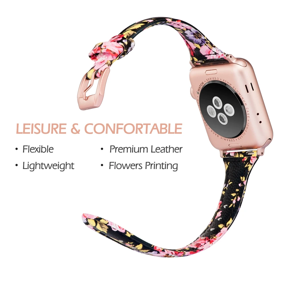 Ремешок кожаный для Apple Watch Band Премиум гибкий стильный браслет с цветочным