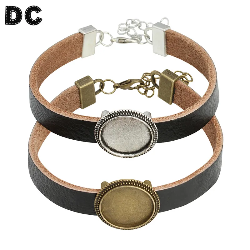 Черный Кожаный Браслет манжета 18 мм круглый бронза под старину/серебряный цвет