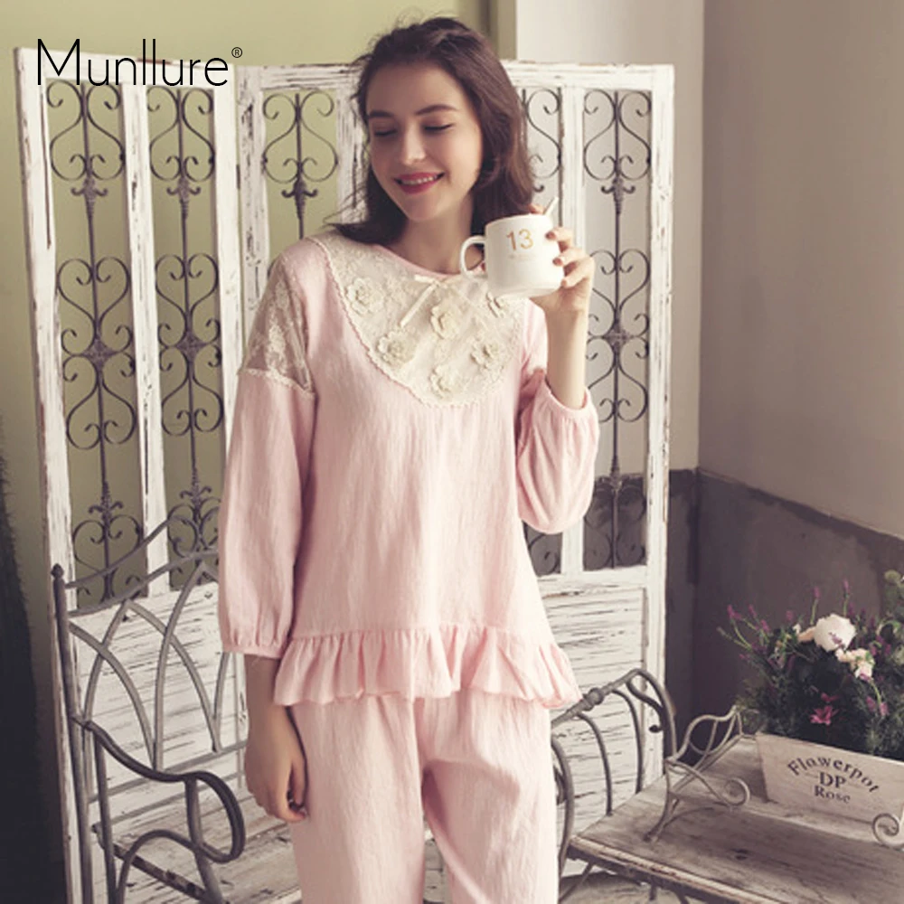 Munllure Сладкий Хлопок Шею Шнурок Мягкий Ночной Рубашке для Дам Повседневная