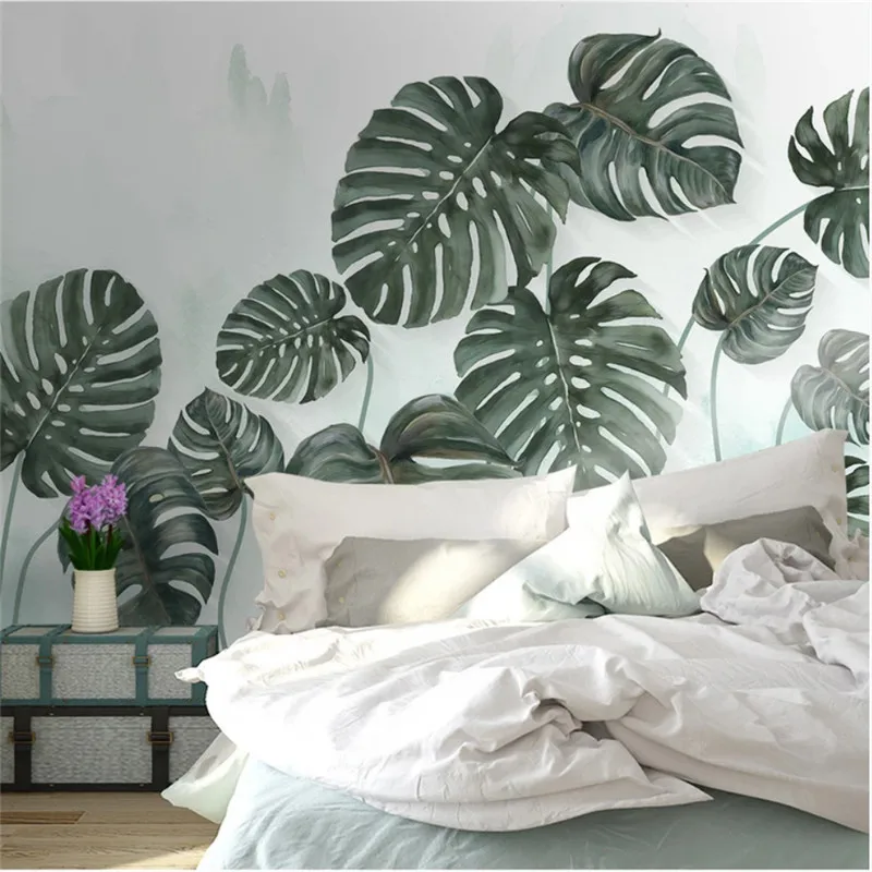 Home Improvement Green Leaf Mural Hand-painted Plant Watercolor Wallpapers for Living Room Bedroom Walls Decor Wall Paper 3D |