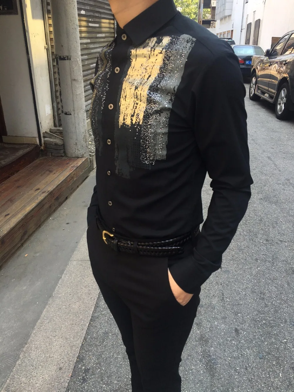 Модные Повседневные принты Для мужчин рубашки Бизнес Slim Fit черный, белый цвет сценический Мужской рубашка для певца певец этап Для мужчин s рубашки для мальчиков на свадьбу