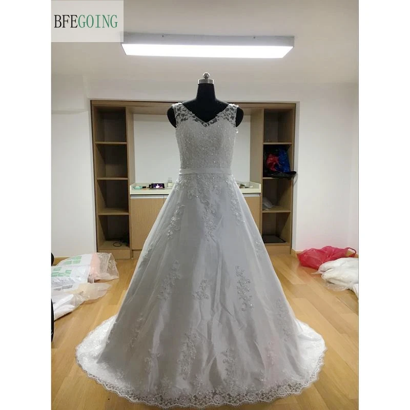 Белая аппликация кружево Тюль с v-образным вырезом свадебное платье в пол Длина