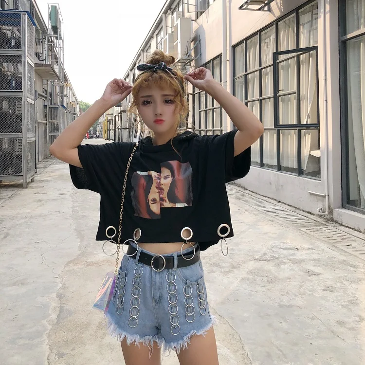 YouGeMan летние футболки корейский Ulzzang BF Harajuku личность круг кольцо Футболка женская повседневная короткая с капюшоном Футболка Топ