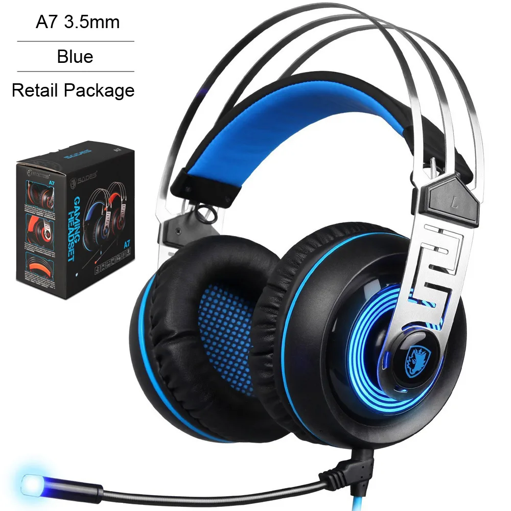 Blue Retail Packages Sades A7 3,5 мм проводной Стерео шумоподавление светодиодный светильник PC игровая гарнитура наушники с микрофоном гибкие для ноутбука компьютера - Цвет: Blue Retail Packages