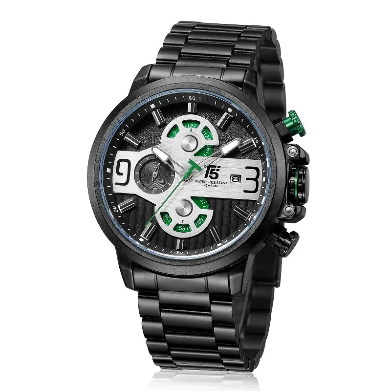 Black Green T5 Топ бренд класса люкс розовое золото черный кварцевый хронограф мужские водонепроницаемые спортивные мужские s часы мужские часы Relogio Masculino наручные часы - Цвет: Black Green