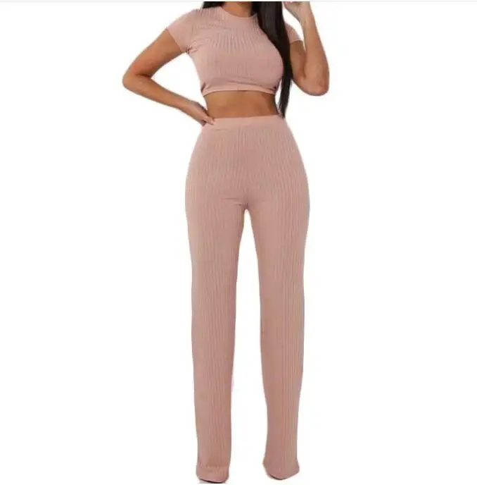 

Women knitted Short sleeve O-neck crop top wide leg pants 2 piece set for Female Women Casual sexy Long Pants Tshit Suits