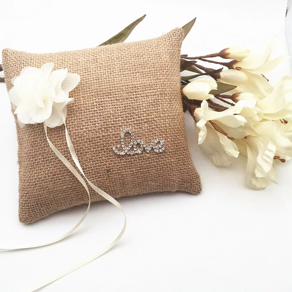 

free shipping DIY handmade 15cmx15cm Burlap Jute Wedding Ring Pillow wedding decorations