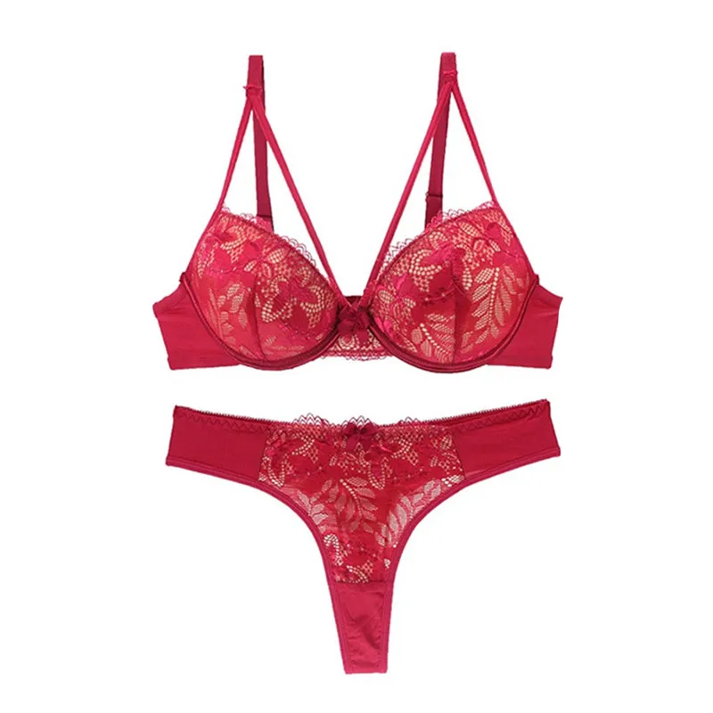 Red Varsbaby, сексуальные стринги, полые, ультра-тонкие, пуш-ап, цветочные кружева, нижнее белье, бант, ресницы, удобный комплект с бюстгальтером - Цвет: Red
