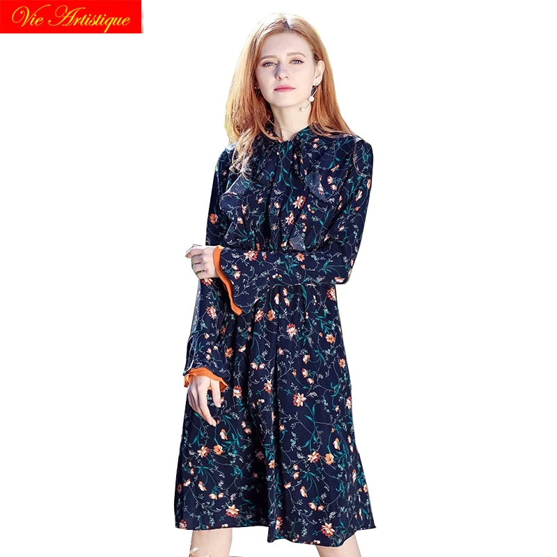 2018 summer dress women's party casual work dresses elastic waist navy blue printed flower large plus size maxi long beach | Женская
