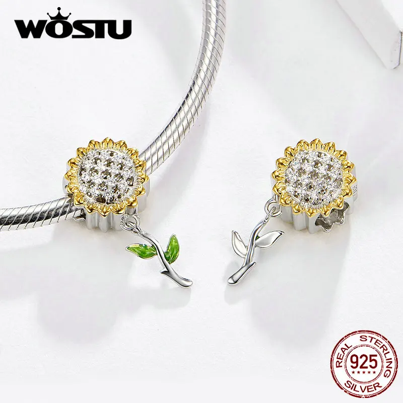 WOSTU желтая эмаль Подсолнух очарование серебряные бусины 925 пробы подходит