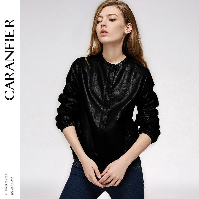 CARANFIER кожаная куртка Женская бейсбольная Локомотив из полиуретана пальто Мода 2017