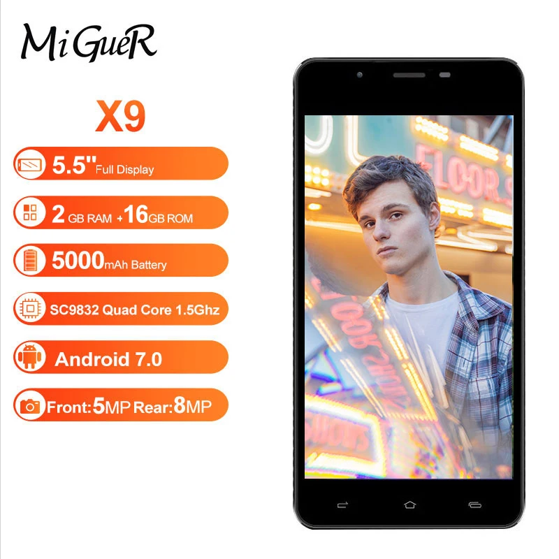 Смартфон KENXINDA X9 5 дюймов ОС Android v7.0 четыре ядра 2 Гб ОЗУ 16 ПЗУ 5000 Мп + мАч две карты 4G
