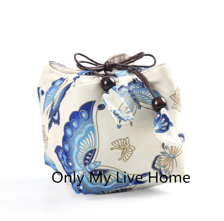 Square Bottom Thicken Linen Printed Cloth Bags Travel Drawstring Jewelry Pouch Portable Small Tea Cup Tea Set Storage Pouch