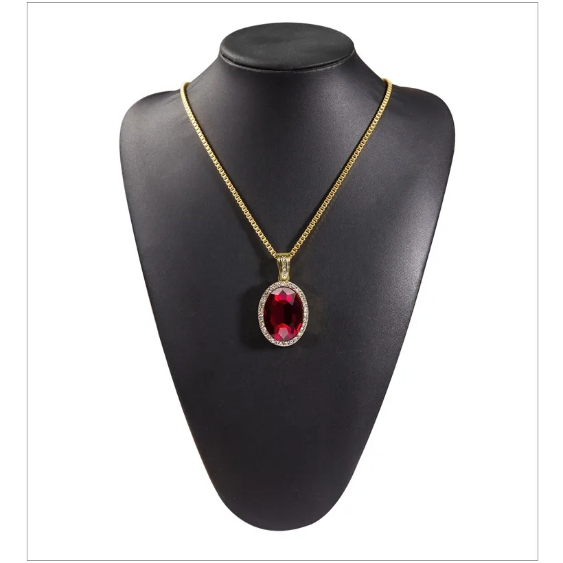 Мужские нагрудные украшения Bling Crystal Iced Out красный драгоценный камень CZ кулон цепь золотые овальные Стразы Подвески ожерелье ювелирные изделия подарок для женщин