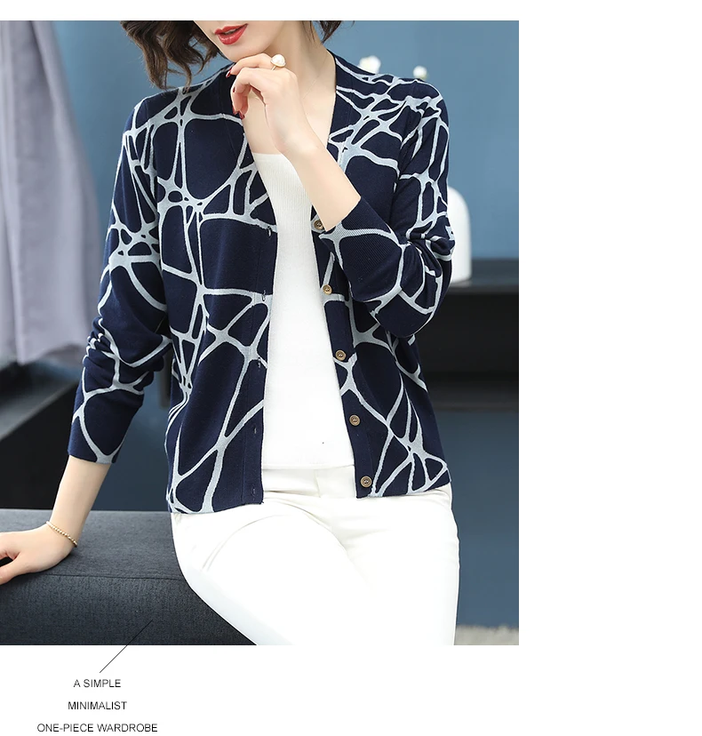 ASLTW Autumn Printed Sweater Women New Fashion Geometric V Neck Cardigan Female Plus Size Knitted Top Jumper Sweater