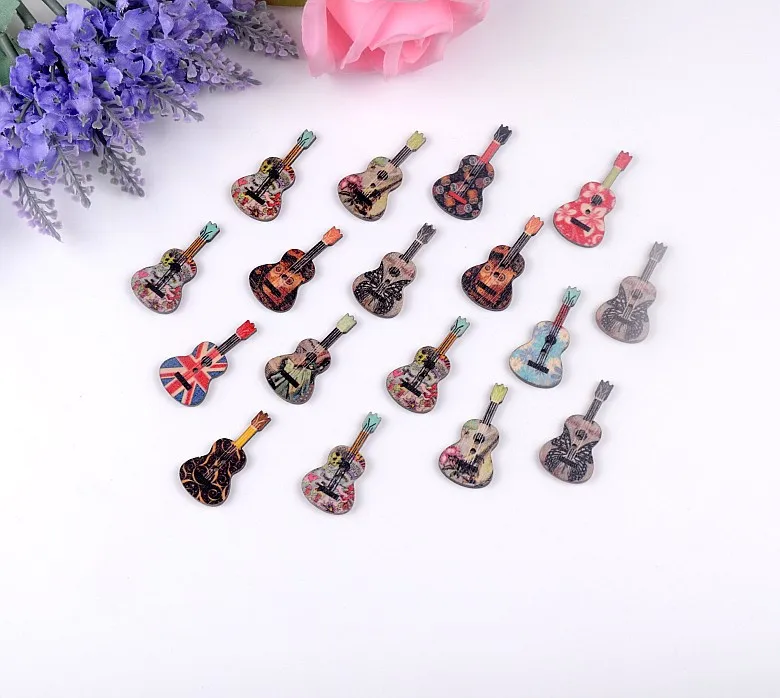 Бесплатная доставка 2015 Новинка 100 шт. смешанные Мультяшные милые красочные гитарные деревянные швейные пуговицы с 2 отверстиями Скрапбукинг 18x36 мм D2846
