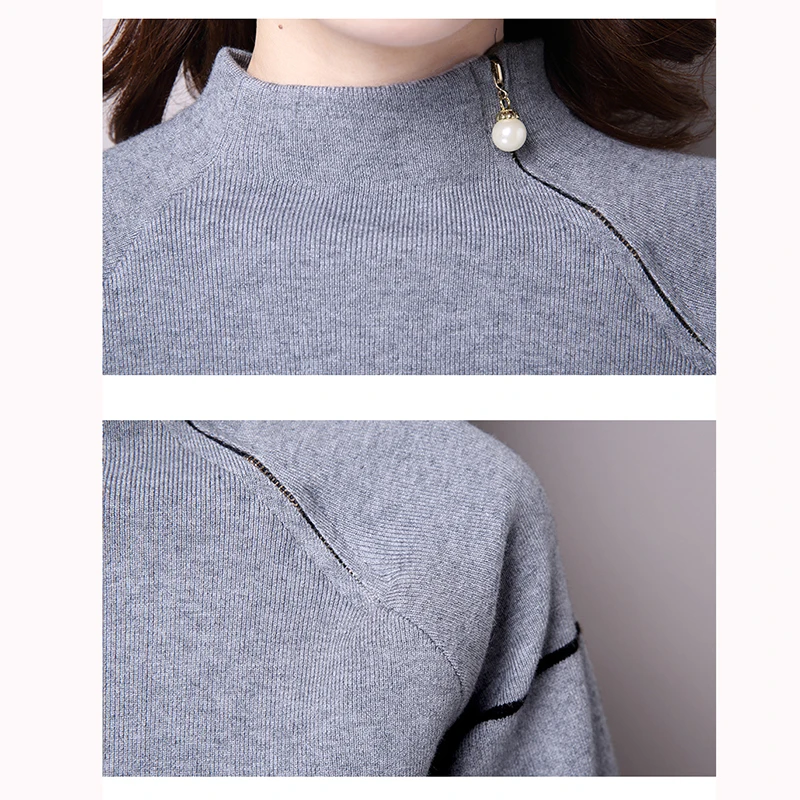 

spring and autumn sweater women new elastic knitted Medium length fashion striped sweater Half-high collar pullover ladies Tops