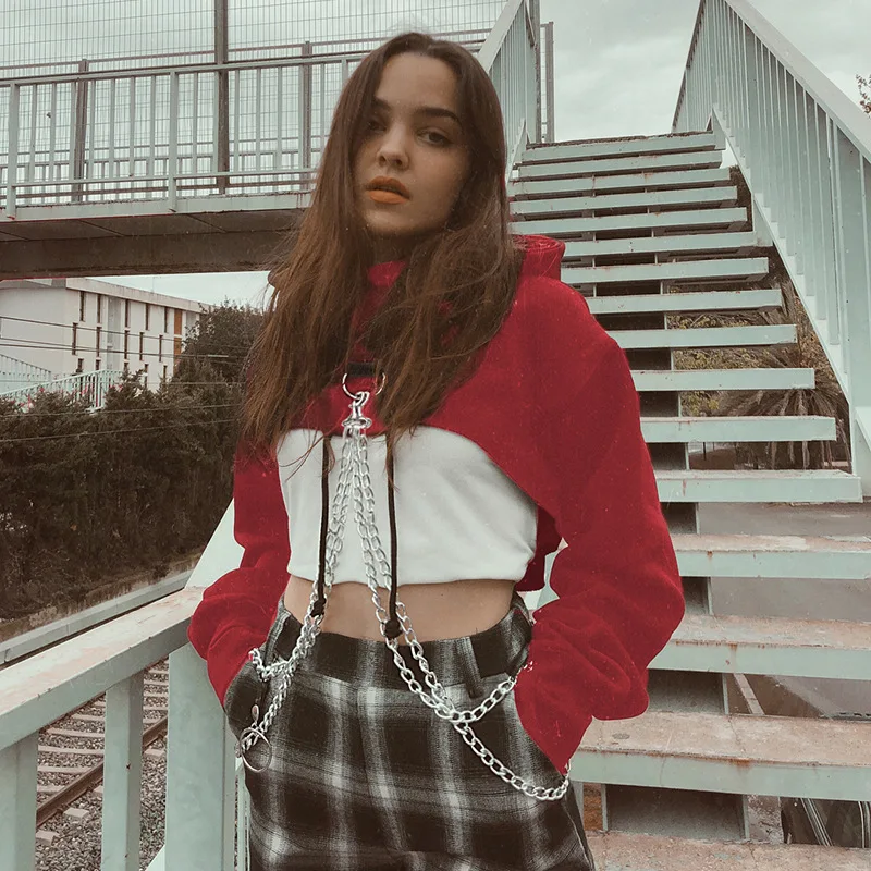 Gothic Black New Chain Sweatshirt Women Harajuku Hooded Pullovers Streetwear Sexy Crop Top Hip Hop Street Dance Short Hoody | Женская