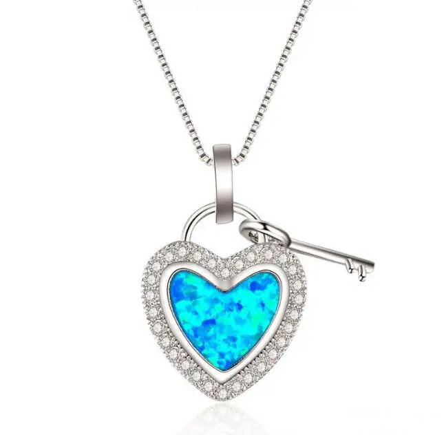 Новая мода синий опал сердце ключ ожерелье для женщин леди элегантное свадебное