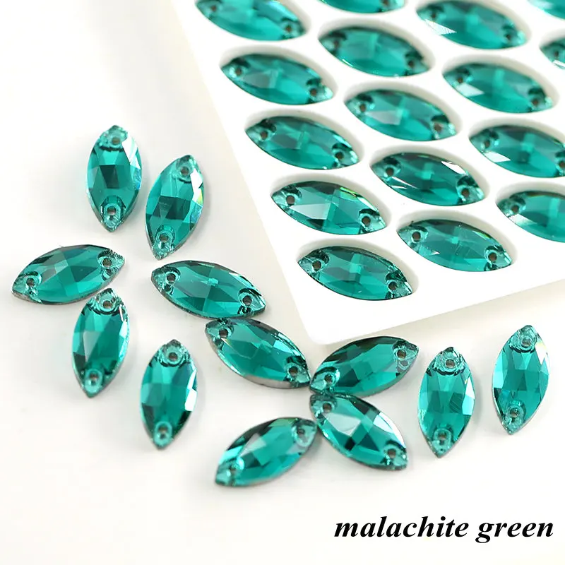 malachite green 7*15 мм, конский глаз, серебряная основа, 2 отверстия, пришитые стразы, бисер, швейный кристалл, камень для украшения для одежды - Цвет: malachite green