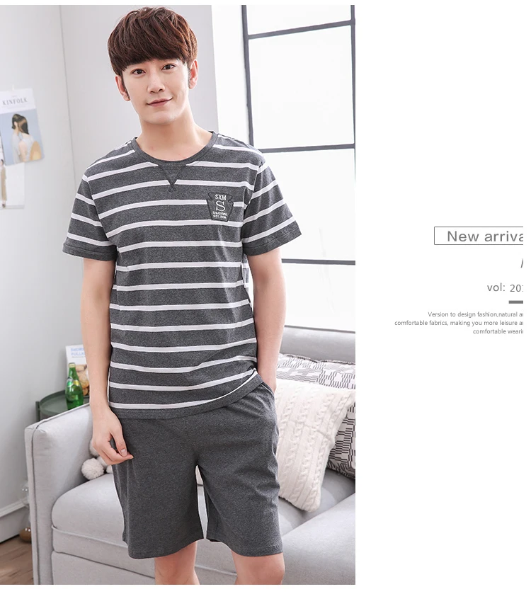 2019 Hot Summer Short Sleeve Cotton Pajama Sets for Men Casual Striped Sleepwear Male Lounge Home Clothes