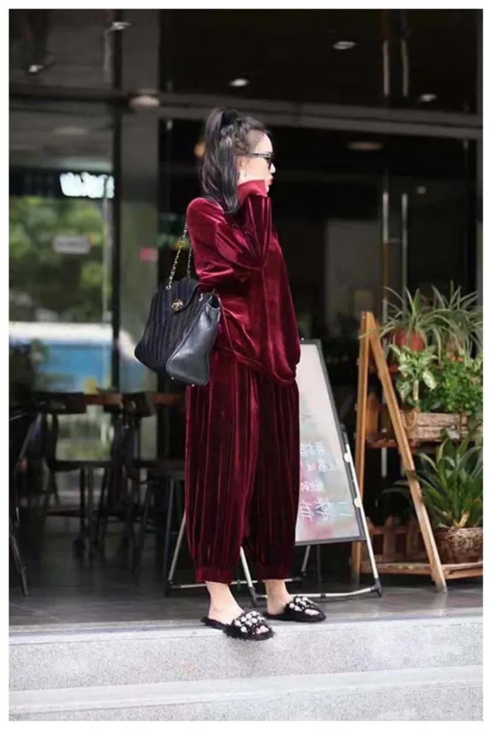 

European station autumn fashion suit gold velvet bat sleeve shirt large size loose wide leg pants two sets of tide
