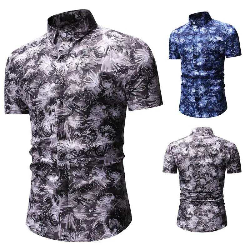 

Summer Men Shirt Floral Casual Short-sleeved Flower Hawaiian Shirt Male Blouse Men Blue Gray Fashion