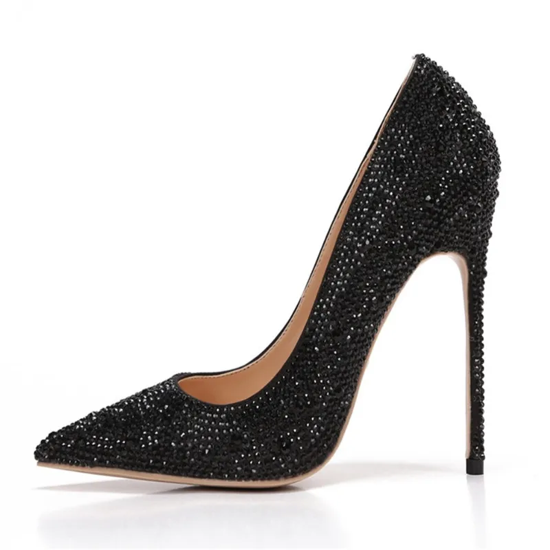 

Free shipping fashion women Pumps lady black crystal strass Pointy toe high heels shoes size33-43 12cm 10cm 8cm bride Stiletto