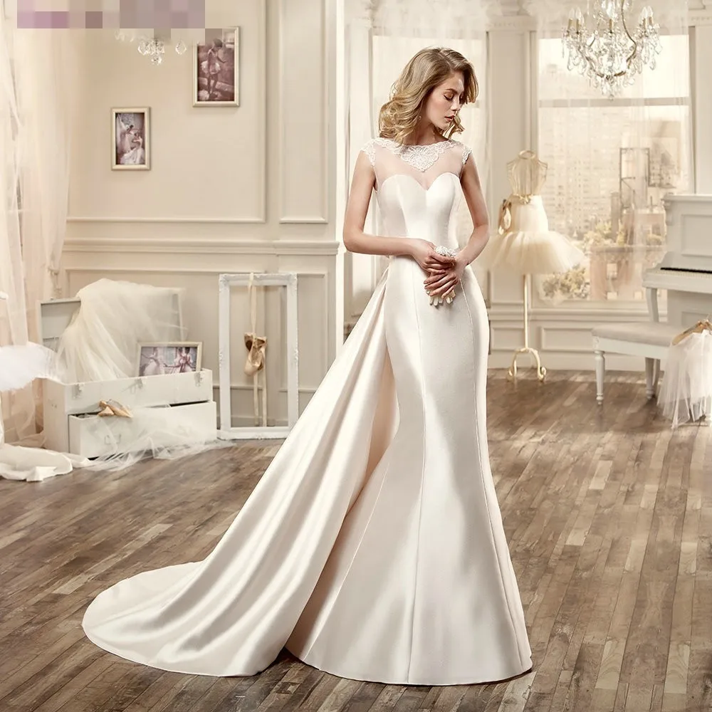 Robe de mariage Satin Mermaid Wedding Dresses Illusion Neck dress detachable train Bridal Gown Vestido noiva sereia | Свадьбы и