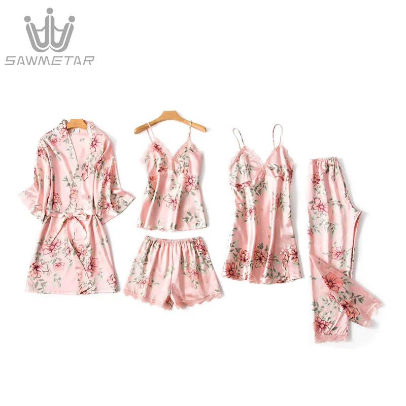 Женское сексуальное атласное ночное белье из 5 предметов шелковые пижамы