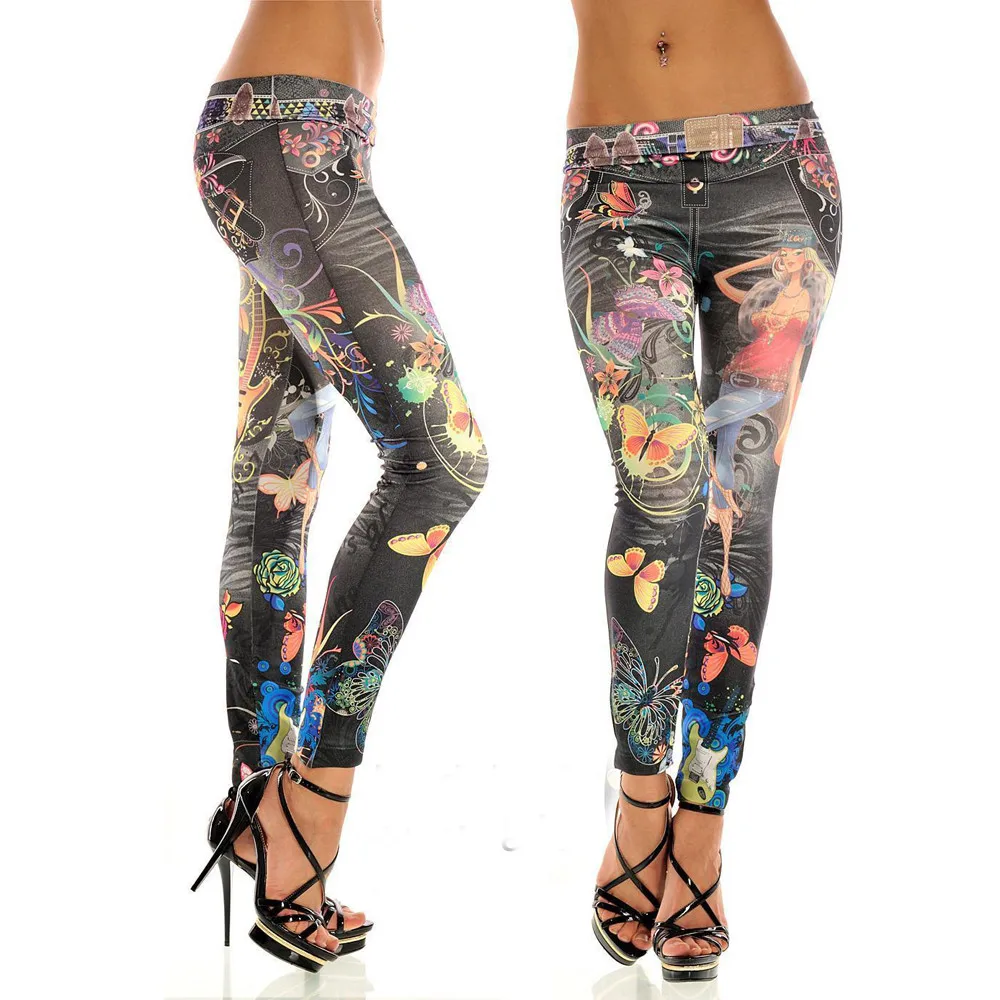 

Fashion New Lady Seamless Imitation Cowboy Color Printing High Waist Skinny Blue Jean Denim Leggings Stretchy Jeggings Pant #30