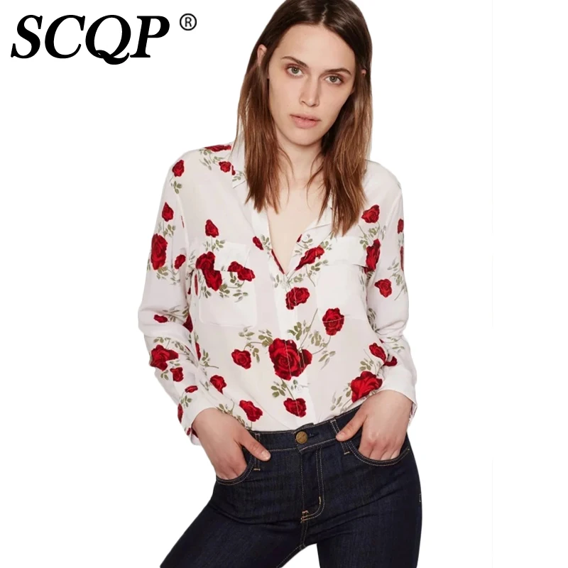 SCQP Цветочные Печатный Нагрудные Элегантный Блузка Дамы С Длинным Рукавом