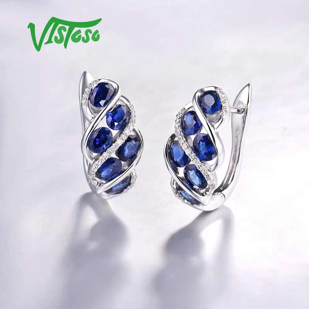 VISTOSO Pure 14 к 585 Белое золото роскошный синий сапфир блестящие бриллиантовые серьги для женщин юбилей Свадебные Элегантные ювелирные изделия