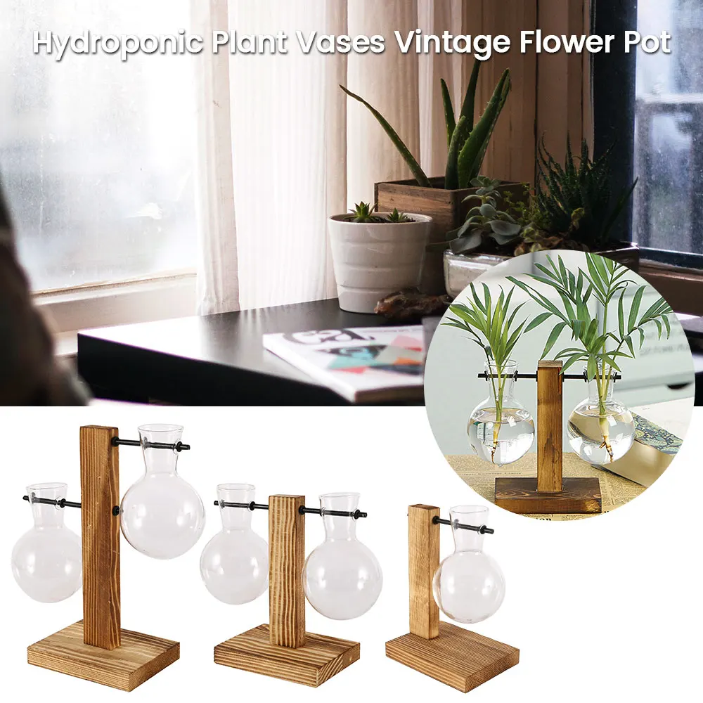 Nordic Simple Hydroponic Plant Vases Vintage Flower Pot Transparent Vase Wooden Frame Glass Tabletop Plants Home Bonsai Decor