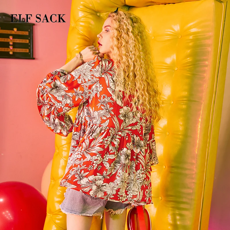 Женская Туника ELFSACK красная с цветочным принтом|Блузки| |