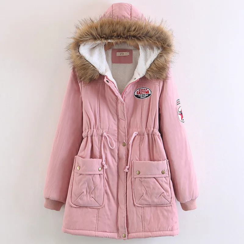 

Faux fur collar hooded parkas women patch designs thick fleece lining coat outerwear woman new style jacket 2019 autumn winter