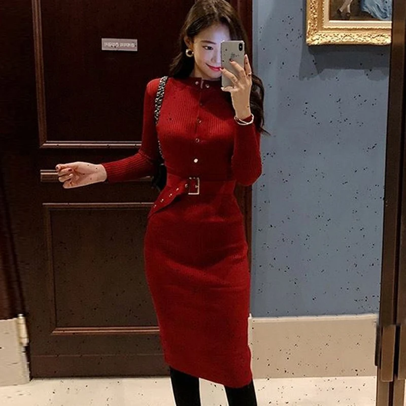 

Elegant knitting Dress Women Sweater Dress O-neck Full Sleeve Sashes Stretch Vestidos Female Knee-length Knitted