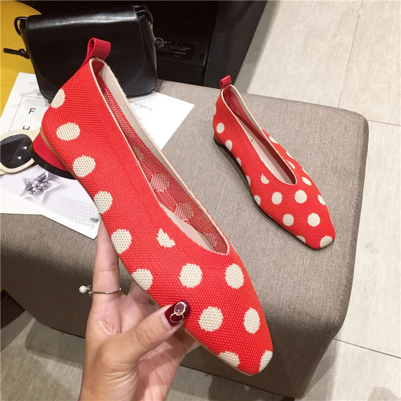 2019 Luxury Women Designer Low Heels Ballerina Flats Comfortable Lady Polka Dot Knitted Ballet Black Red Party Boat Shoes | Обувь