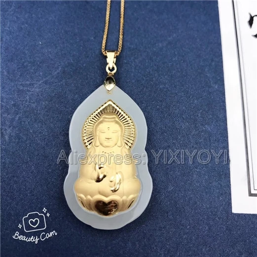 Натуральный белый нефрит + 18K твердый Золотой инкрустированный кулон GuanYin Blessing Lucky