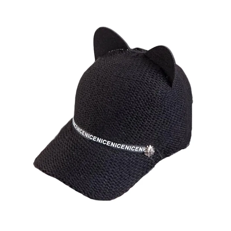 

2019 New Women Winter Caps Cute Cat Ear Baseball Hat Fashion Knitting Baseball Cap Snapback Casual Letter Band Hip Hop Visor Cap