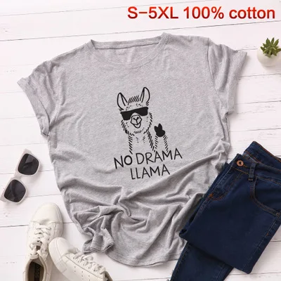 light gray SINGRAIN, крутая футболка с принтом альпаки, женская футболка большого размера с рисунком, базовые Топы, повседневные футболки с животными, уличная одежда, хлопковая Футболка с круглым вырезом - Цвет: light gray