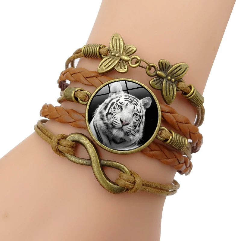XUSHUI XJ Animal White Tiger Glass Cabochon Charm Bracelet Diy Jewelry Vintage Butterfly Multilayer Leather Women Men | Украшения и