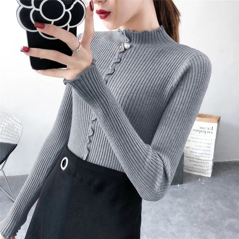 Новый 2018 осень-зима Для женщин свитер с круглым вырезом и оборками длинными