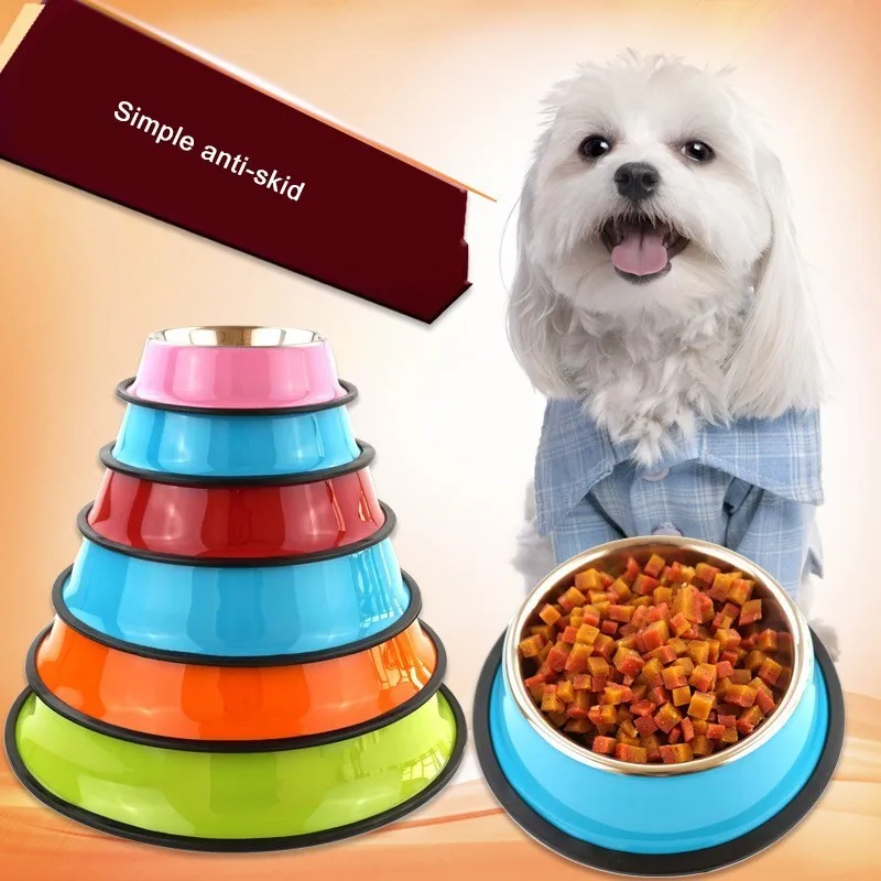 Stainless Steel Color Spray Paint Pet Dog Bowls Puppy Cats Food Drink Water Feeder Pets Supplies Non-slip Feeding Dishes | Дом и сад