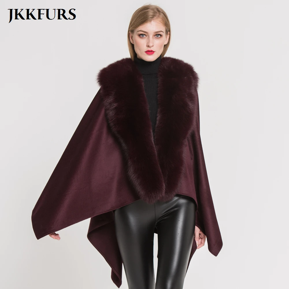 JKKFURS 2021 New Women's Poncho Genuine Fox Fur Collar Trim & Wool Cape Fashion Style Top Quality Winter Warm Coat S7357