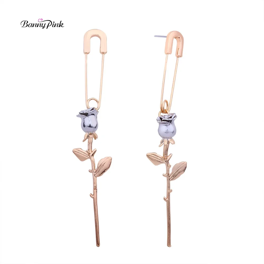 Banny Pink Cute Alloy 2 Tone Color Rose Studs Earrings For Women New Geo Pendant Long Post Earrings Fashion Jewelry Pendientes