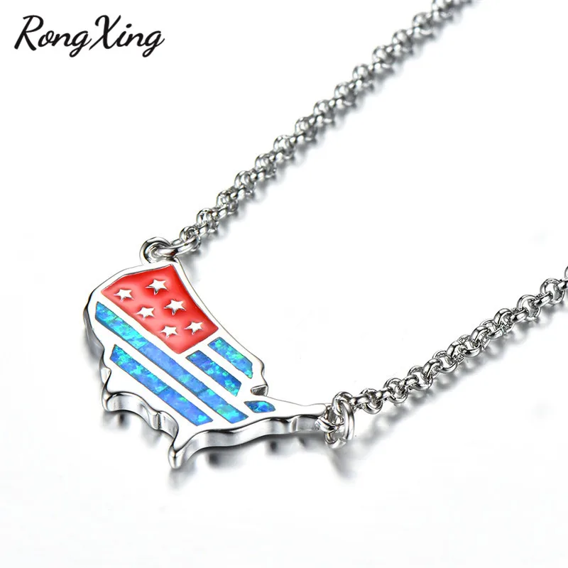RongXing Silver Color American Flag Pendant Necklaces for Women White/Blue Fire Opal Birthstone Necklace Xmas Gift | Украшения и