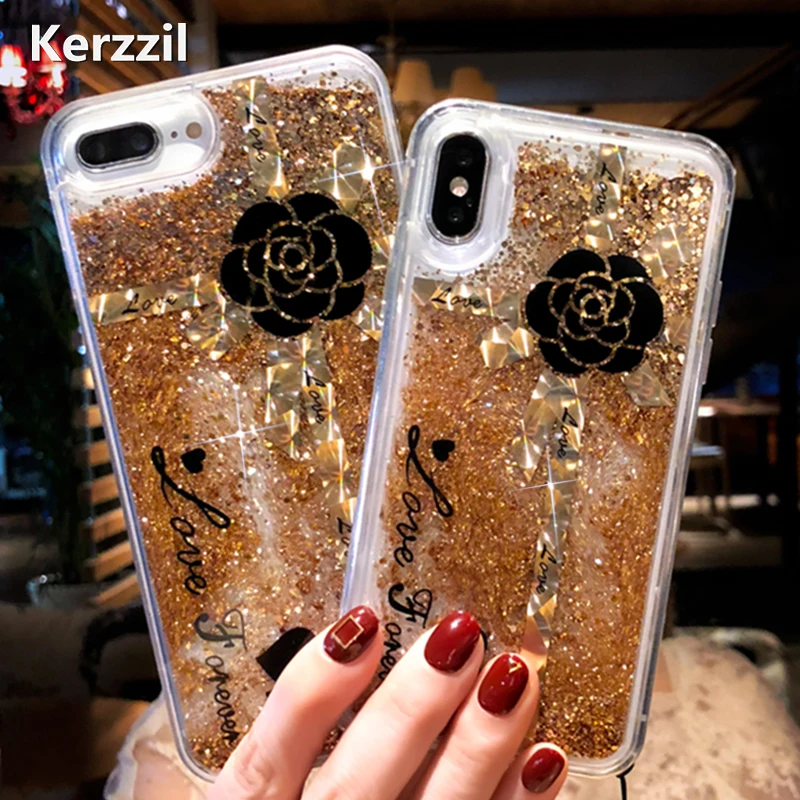 Kerzzil роскошный золотой блестящий зыбучий песок чехол для iPhone X 10 цветок Мягкий